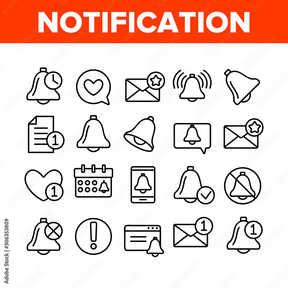 Poster notification collection elements icons set vector thin line. ring bell and mail message, document fi