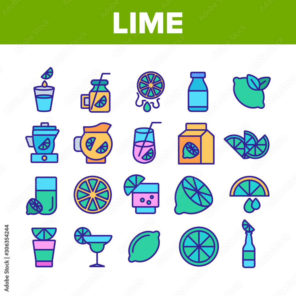 Poster lime fruit collection elements icons set vector thin line. sliced lime and with leaves, citrus juice