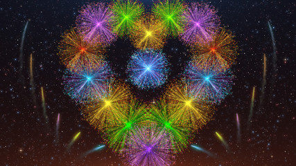 Colorful Heart Firework Explosions And Smoke Tails On Dark Orange Starry Night Sky