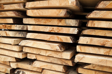 Wooden planks. Air-drying timber stack.