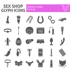 Obraz premium Sex shop glyph icon set, sex toys symbols collection, vector sketches, logo illustrations, sex shop signs solid pictograms package isolated on white background, eps 10.