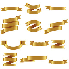 Gold Ribbon Set In Isolated For Celebration Banner White Background, Vector Illustration