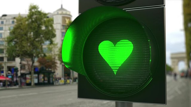 Heart symbol on green traffic light signal. Relationship related conceptual 3D animation