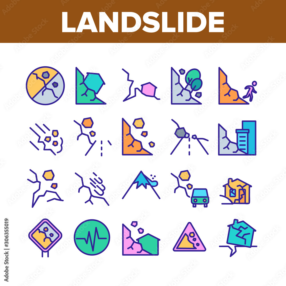 Poster landslide collection elements icons set vector thin line. snowy and stone landslide from mountain, r