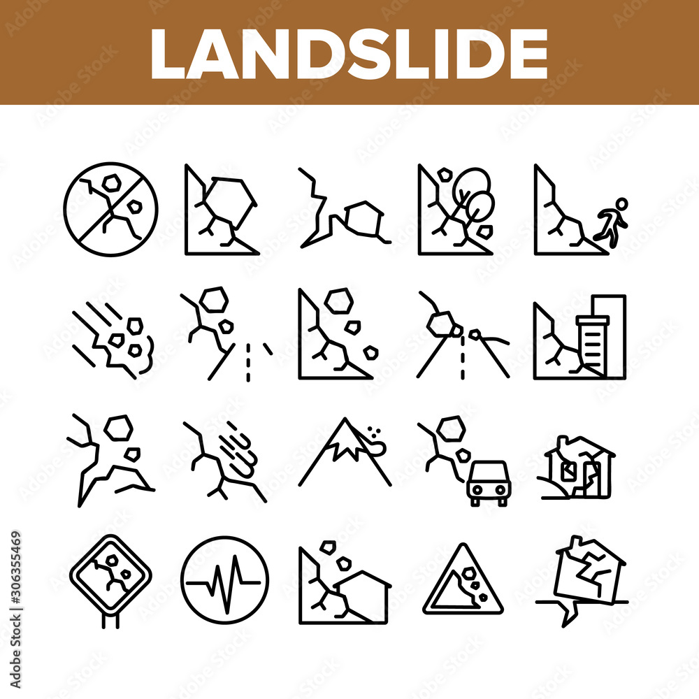 Poster landslide collection elements icons set vector thin line. snowy and stone landslide from mountain, r