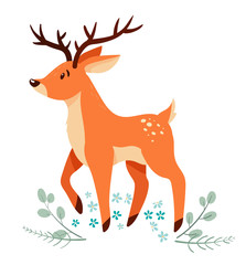 Cute cartoon deer with floral elements.