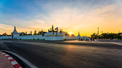 sunset in city of bangkok, grand palace.