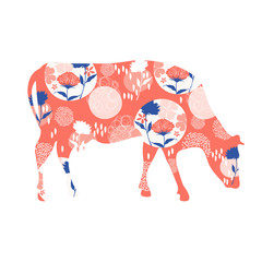 Floral cow silhouette. Vector illustration. Farm animal.