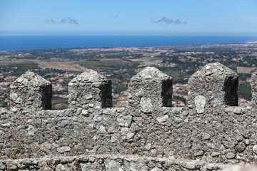 Close up detail of castellation or crenellation at old Castle in Sintra, Portugal 