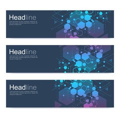 Scientific set of modern vector banners. DNA molecule structure with connected lines and dots. Scientific and technology concept. Wave flow graphic background for your design. Vector illustration.