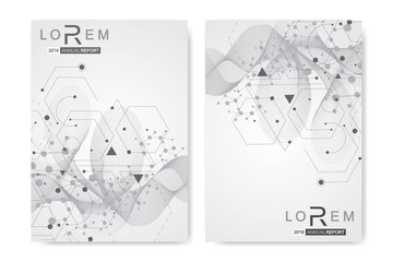 Scientific brochure design template. Vector flyer layout, Molecular structure with connected lines and dots. Scientific pattern atom DNA with elements for magazine, leaflet, cover, poster design.