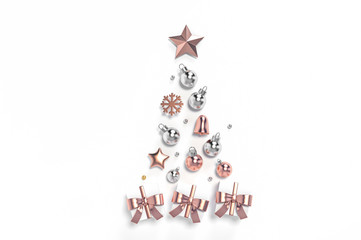 White gift box with rose gold ribbon and metallic christmas ball ornaments put shape look like christmas tree on white background 3d rendering. 3d illustration christmas and new year style.