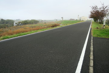 朝靄の中のサイクリング道路と江戸川河川敷風景