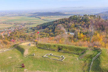 Panorama towards the Bardzkie Mountains seen from the observation deck on the Donjon of the Srebrna...