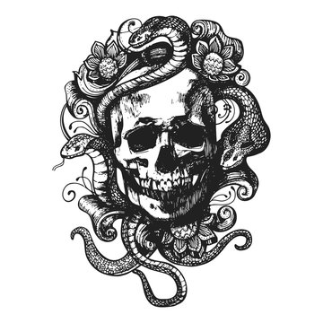 Skull with flowers and snakes.