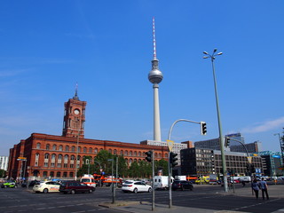 Blue sky and city buildings, Berlin, Germany