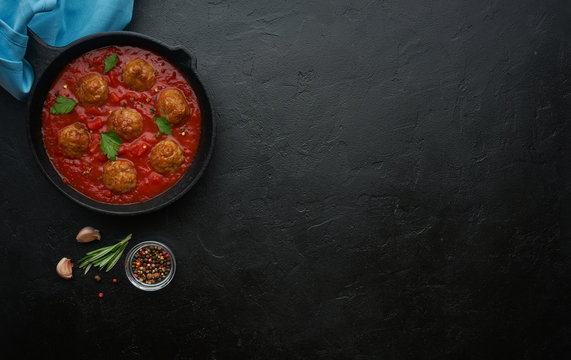 Pan With Meat Balls In Tomato Sauce. Flat Lay, Top View With Copy Space
