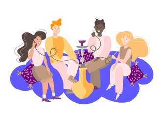 Vector illustration of a girl and a guy smoking a hookah on a sofa