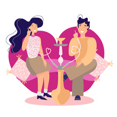 Vector illustration of a girl and a guy smoking a hookah on a sofa