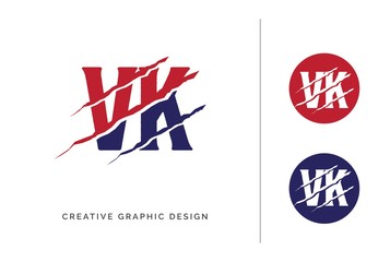 Red and blue scratched VK letter template logo design with circle icon