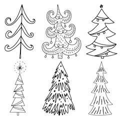 Set od hand drawn of Christmas trees. Holidays background. Abstract doodle drawing woods. Vector illustration. Use for Greeting ccrapbooking, congratulations,invitations.