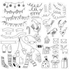 Christmas collection of decorative winter elements. Hand drawing Christmas elements with outline. Winter elements for greeting cards, posters, stickers and seasonal design. Isolated on white backgroun