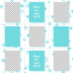 Winter Social media design, seamless layout template for winter offers with snowflakes in square format. Vector background for mobile apps, Christmas newsletter design frame for photos in fashion shop