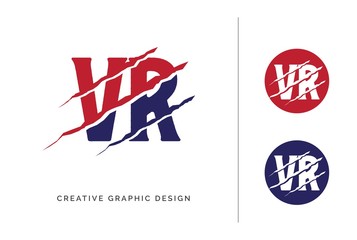 Red and blue scratched VR letter template logo design with circle icon