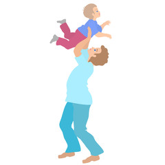 dad raised his happy and smiling son over his head, color flat clip art on a white isolated background