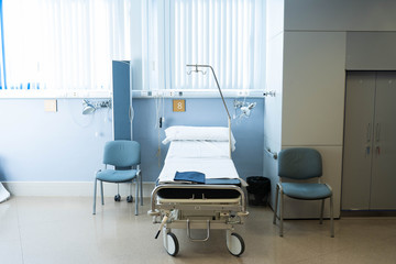 Recovery Room with beds and comfortable medical. Interior of an empty hospital room.
