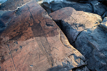 ancient rock carvings petroglyphs on the shore of Onega Lake carved on a granite plate . Age of...