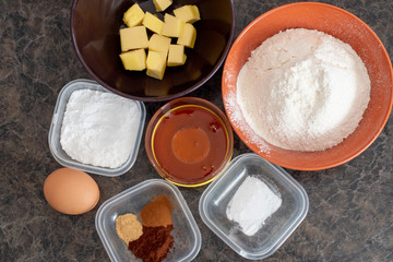 Do it yourself: Gingerbread cookies tutorial. Step by step recipe. Step 01a. Flat lay. Flour....
