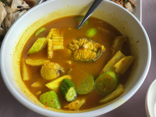 close up of Sour Curry with Vegetable Omelet, Thai style