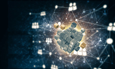 Concept of Internet and networking with digital cube figure on dark background