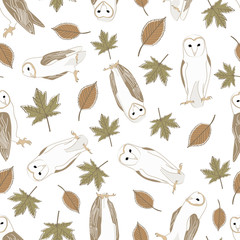 Vector Barn Owls with Brown and Green Leaves on White Background Seamless Repeat Pattern. Background for textiles, cards, manufacturing, wallpapers, print, gift wrap and scrapbooking.