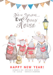 Cute set watercolor cartoon rats. hand drawn animals illustration. New Year 2020 holiday drawing illustration. Symbol 2020 Merry Christmas gift card. Greeting postcard