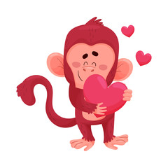 Funny Little Red Monkey Embracing Big Heart Of Both Hands Vector Illustration Cartoon Character
