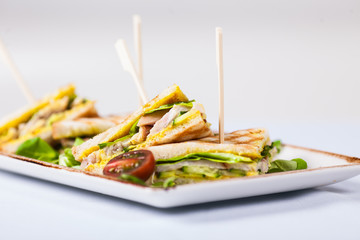 Fresh sandwiches served on white plate.