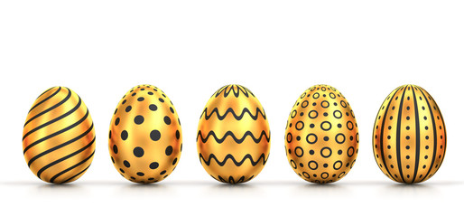 Five golden easter eggs with different patterns