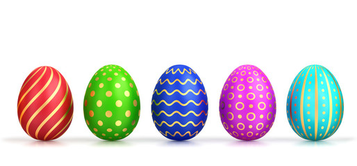 Five easter eggs with different colors and gold pattern