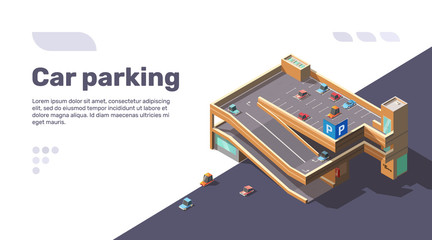 Isometric multi level car parking with elevator. Multistory parking lot building with automobiles on roof. Vector flat infographic illustration of urban transport area with sample text © vectorpocket