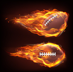 Flying rugby ball in fire isolated on black background. Vector realistic symbol of american football in flame © vectorpocket