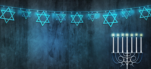 Jewish Holiday. Menorah with bleu background. Jewish holiday Hanukkah. Illustration.