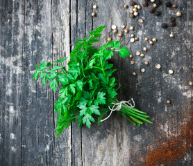 Fresh parsley on grey Wooden background.