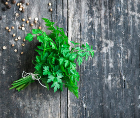 Fresh parsley on grey Wooden background.