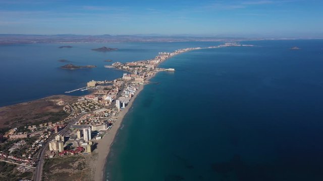 The Sandbar of the Minor Sea Spain la Manga mar Menor sunny day aerial 