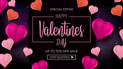 Happy Valentines Day vector holiday banner on black background with 3d red and pink air balloons.