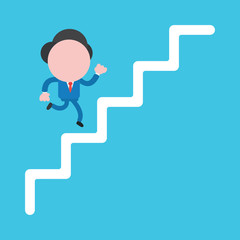 Vector faceless businessman running on stairs to top on blue background.