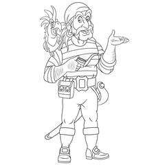coloring page with ship sailor or pirate with parrot