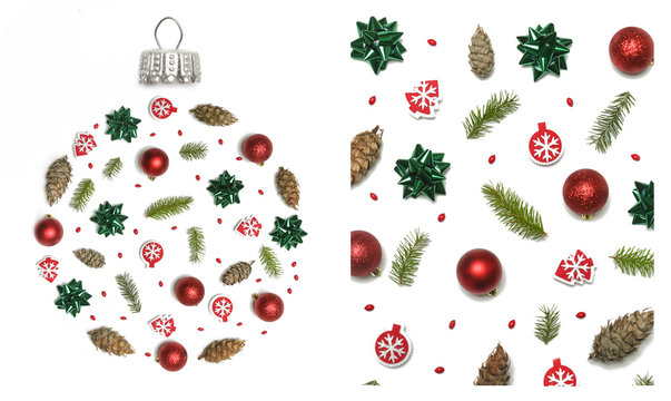 Christmas decoration items isolated on white background, top view. Christmas, winter holiday, new year concept.	